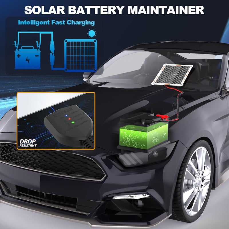 JOYSAE White 5W 12V Solar Car Battery Charger Portable Waterproof Solar Power Battery Charger & maintainer with Trickle Cigarette Lighter Plug & Alligator Clip - Image 3